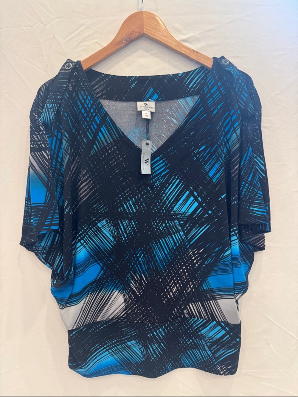 NWT Worthington Blue & Black Abstract V-Neck Dolman Top, Size Medium